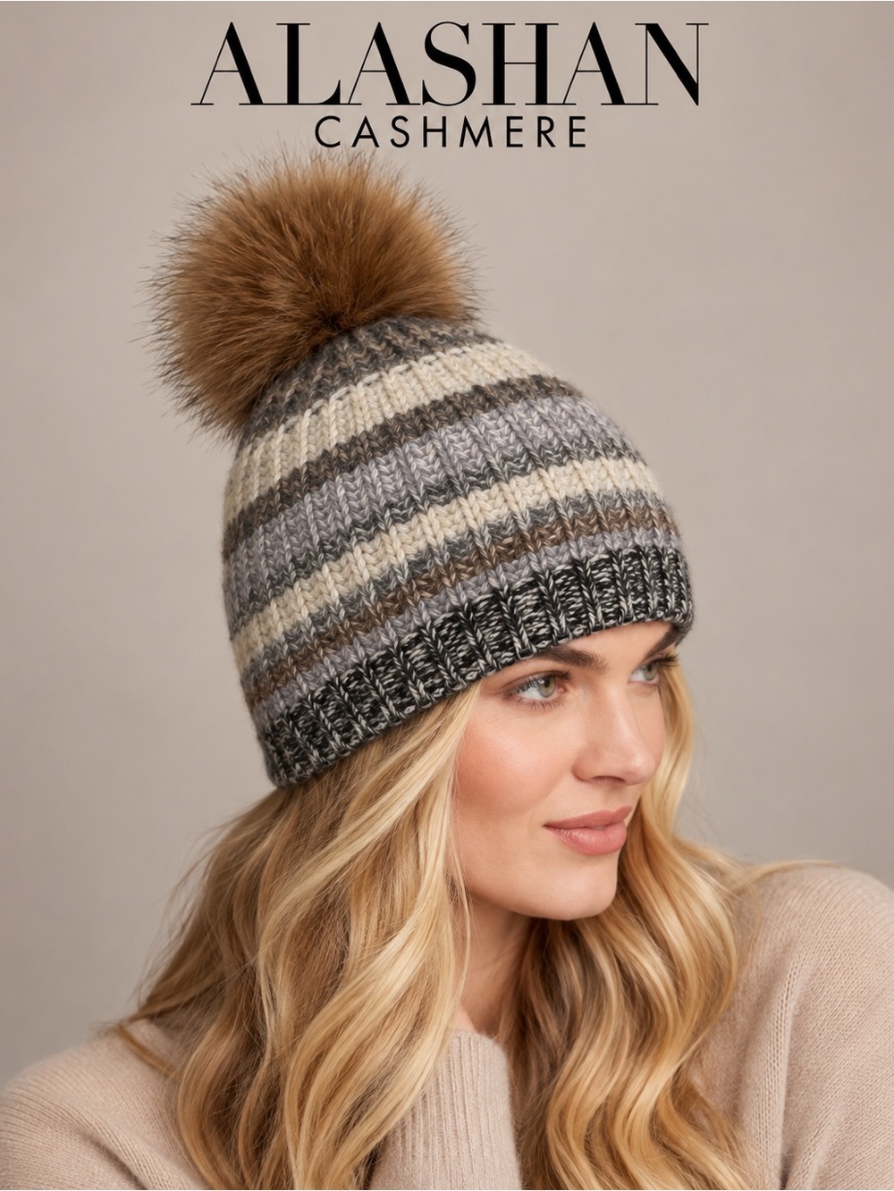 Alashan Cashmere Luxe 100% Cashmere Striped Pom Pom Beanie